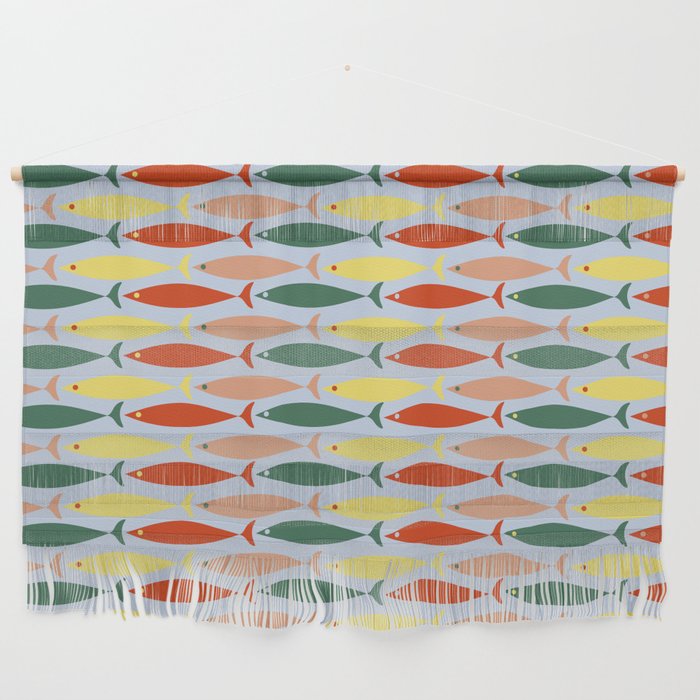 Coastal Fish Stripes Retro Pattern in Red Green Yellow Baby Blue Wall Hanging Gallery Image 1