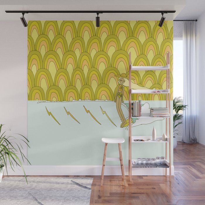 retro rainbow daydreams lady slide // retro surf art by surfy birdy Wall Mural Gallery Image 1