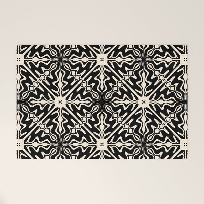 Murcia Spanish Tile Pattern in Black and Almond Cream Welcome Mat Gallery Image 1
