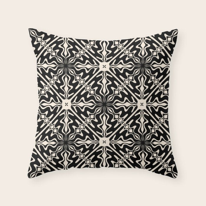 Murcia Spanish Tile Pattern in Black and Almond Cream Throw Pillow Gallery Image 6