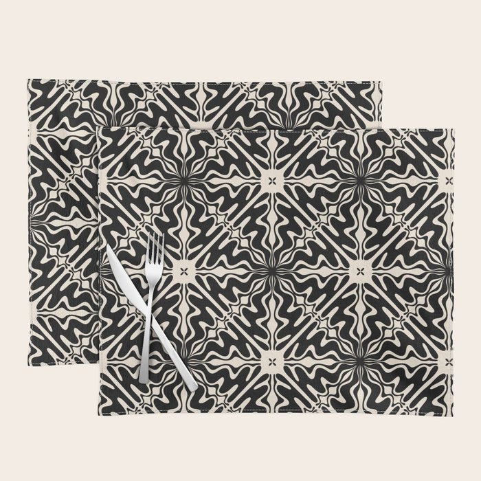 Murcia Spanish Tile Pattern in Black and Almond Cream Placemat Gallery Image 1