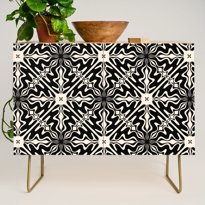 Murcia Spanish Tile Pattern in Black and Almond Cream Credenza Gallery Image 1