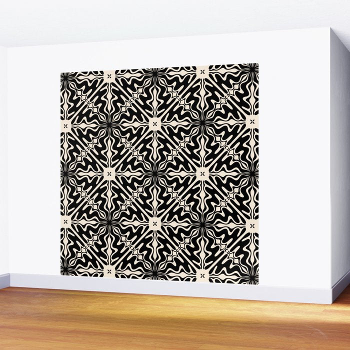 Murcia Spanish Tile Pattern in Black and Almond Cream Wall Mural Gallery Image 2