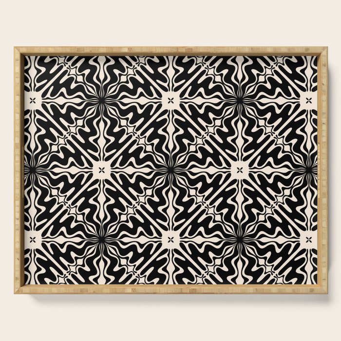 Murcia Spanish Tile Pattern in Black and Almond Cream Serving Tray Gallery Image 1