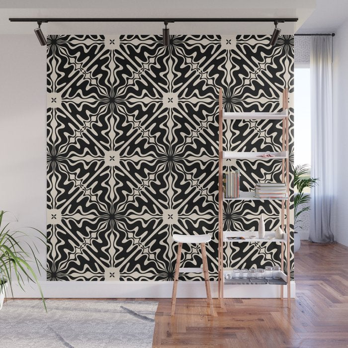 Murcia Spanish Tile Pattern in Black and Almond Cream Wall Mural Gallery Image 1