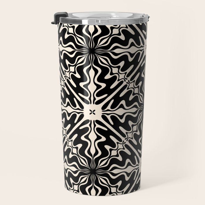 Murcia Spanish Tile Pattern in Black and Almond Cream Travel Mug Gallery Image 3