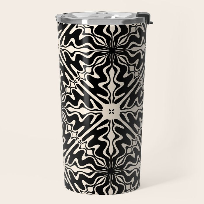 Murcia Spanish Tile Pattern in Black and Almond Cream Travel Mug Gallery Image 2