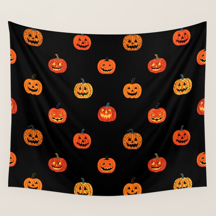 Halloween jack o lantern pumpkin art pattern Wall Tapestry Gallery Image 1