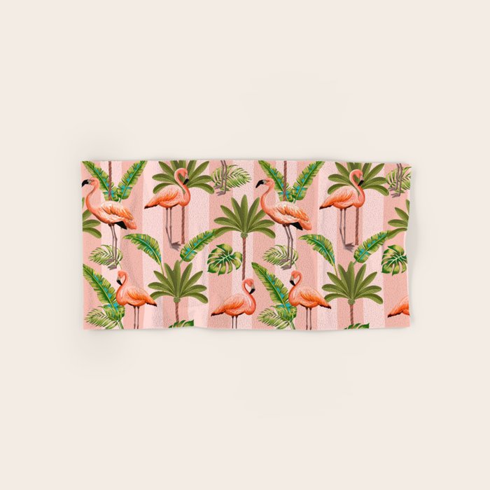 Pink Flamingos on blush pink stripes tropical midcentury Bath Towel Gallery Image 1