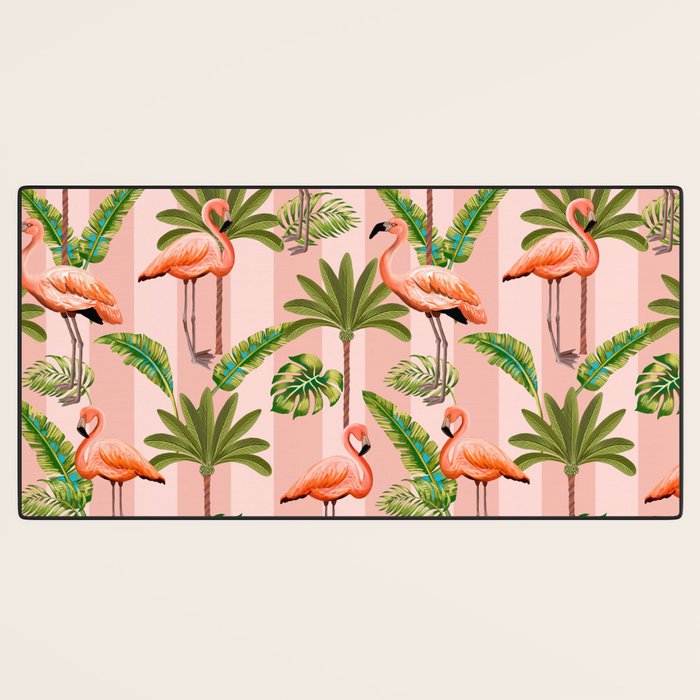 Pink Flamingos on blush pink stripes tropical midcentury Desk Mat Gallery Image 3
