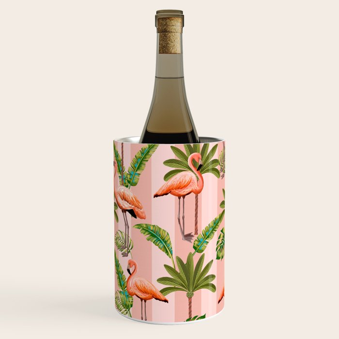 Pink Flamingos on blush pink stripes tropical midcentury Wine Chiller Gallery Image 2