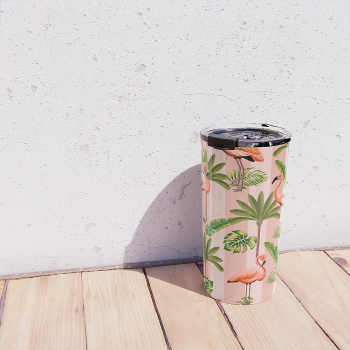 Pink Flamingos on blush pink stripes tropical midcentury Travel Mug Gallery Image 4