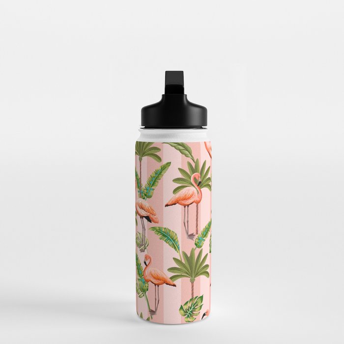 Pink Flamingos on blush pink stripes tropical midcentury Water Bottle Gallery Image 3
