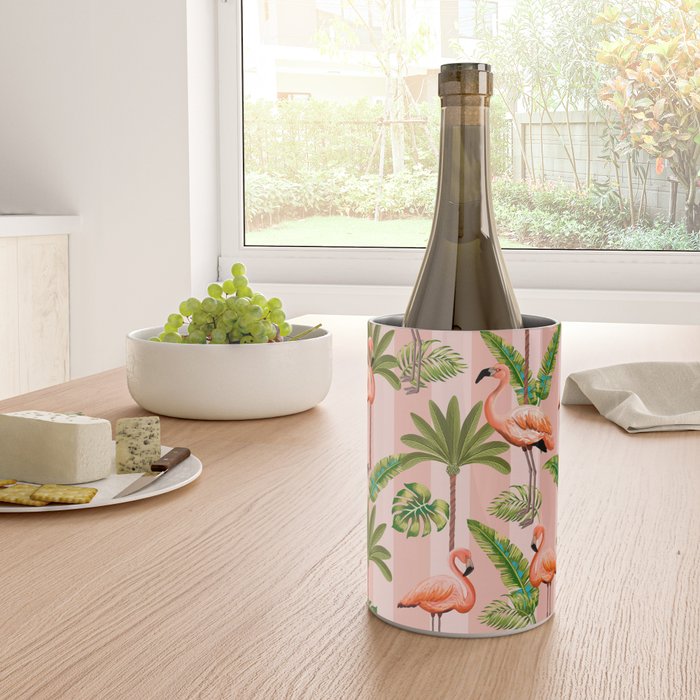 Pink Flamingos on blush pink stripes tropical midcentury Wine Chiller Gallery Image 4