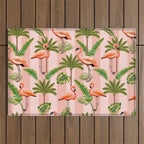 Pink Flamingos on blush pink stripes tropical midcentury Outdoor Rug Gallery Image 1