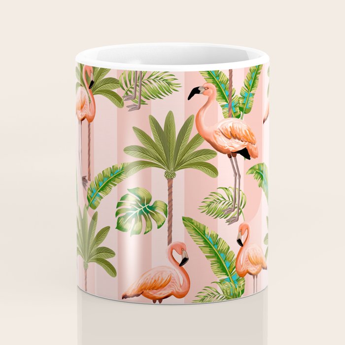 Pink Flamingos on blush pink stripes tropical midcentury Coffee Mug Gallery Image 4