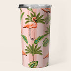 Pink Flamingos on blush pink stripes tropical midcentury Travel Mug Gallery Image 3