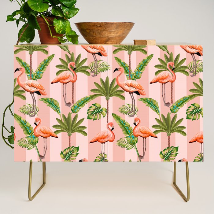 Pink Flamingos on blush pink stripes tropical midcentury Credenza Gallery Image 1