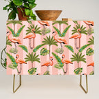 Pink Flamingos on blush pink stripes tropical midcentury Credenza Gallery Image 1