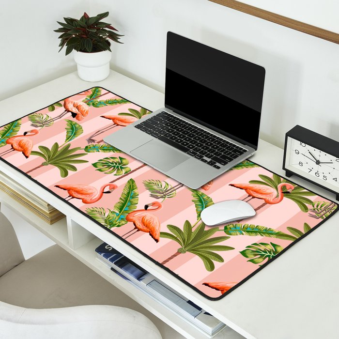 Pink Flamingos on blush pink stripes tropical midcentury Desk Mat Gallery Image 2