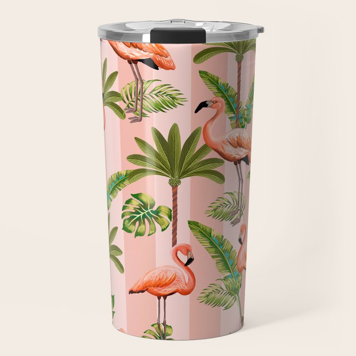 Pink Flamingos on blush pink stripes tropical midcentury Travel Mug Gallery Image 1