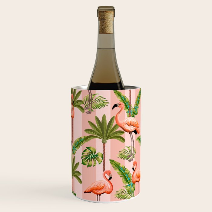 Pink Flamingos on blush pink stripes tropical midcentury Wine Chiller Gallery Image 1