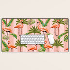 Pink Flamingos on blush pink stripes tropical midcentury Desk Mat Gallery Image 1