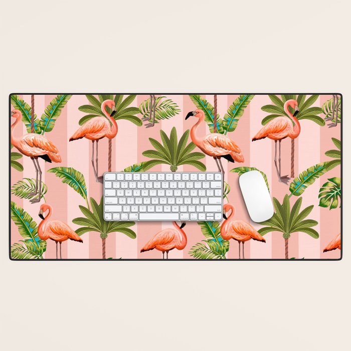 Pink Flamingos on blush pink stripes tropical midcentury Desk Mat Gallery Image 1