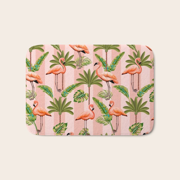 Pink Flamingos on blush pink stripes tropical midcentury Bath Mat Gallery Image 1