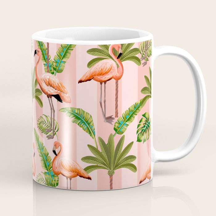 Pink Flamingos on blush pink stripes tropical midcentury Coffee Mug Gallery Image 1