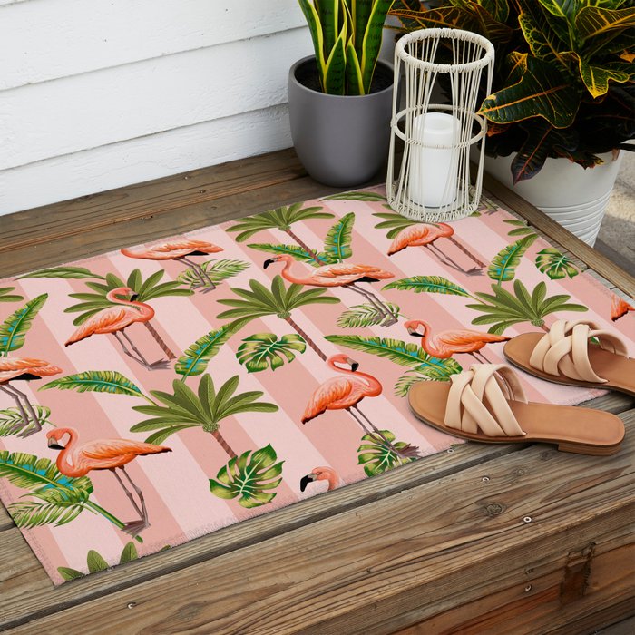 Pink Flamingos on blush pink stripes tropical midcentury Outdoor Rug Gallery Image 2