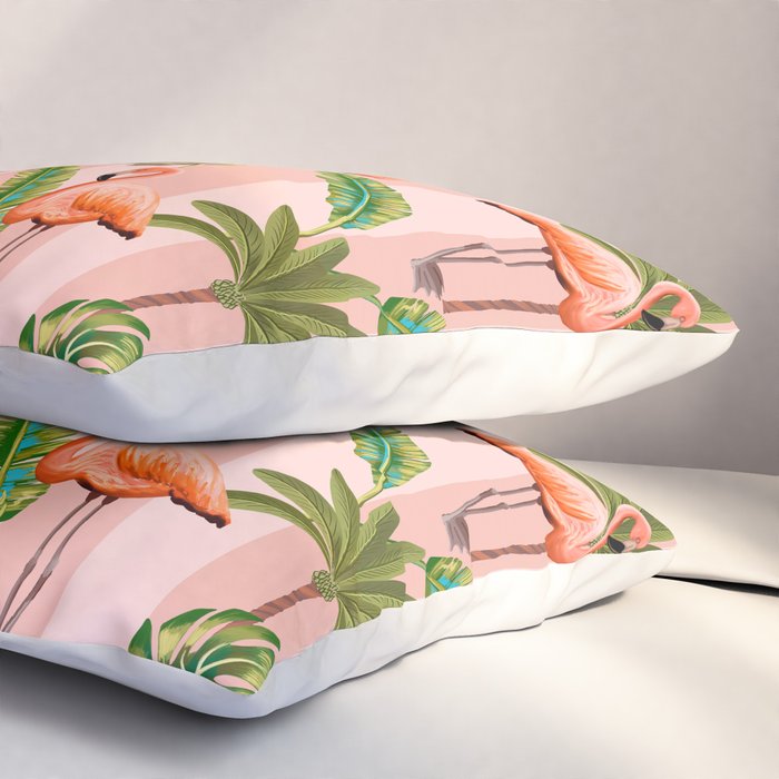 Pink Flamingos on blush pink stripes tropical midcentury Pillow Sham Gallery Image 3