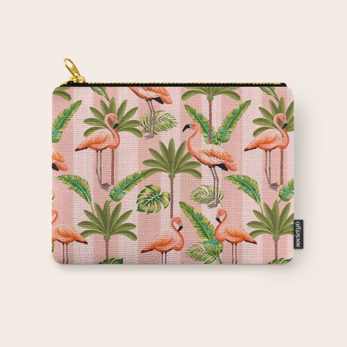 Pink Flamingos on blush pink stripes tropical midcentury Carry All Pouch Gallery Image 1
