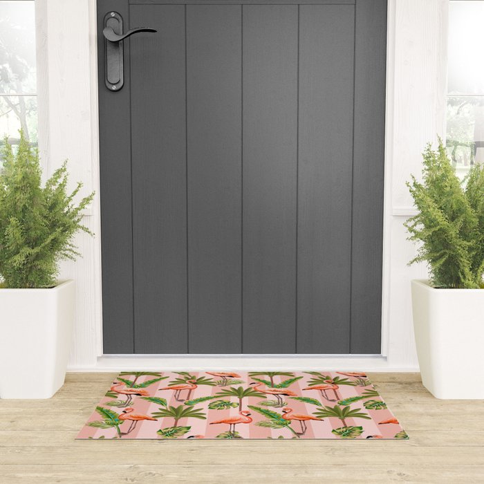 Pink Flamingos on blush pink stripes tropical midcentury Welcome Mat Gallery Image 3