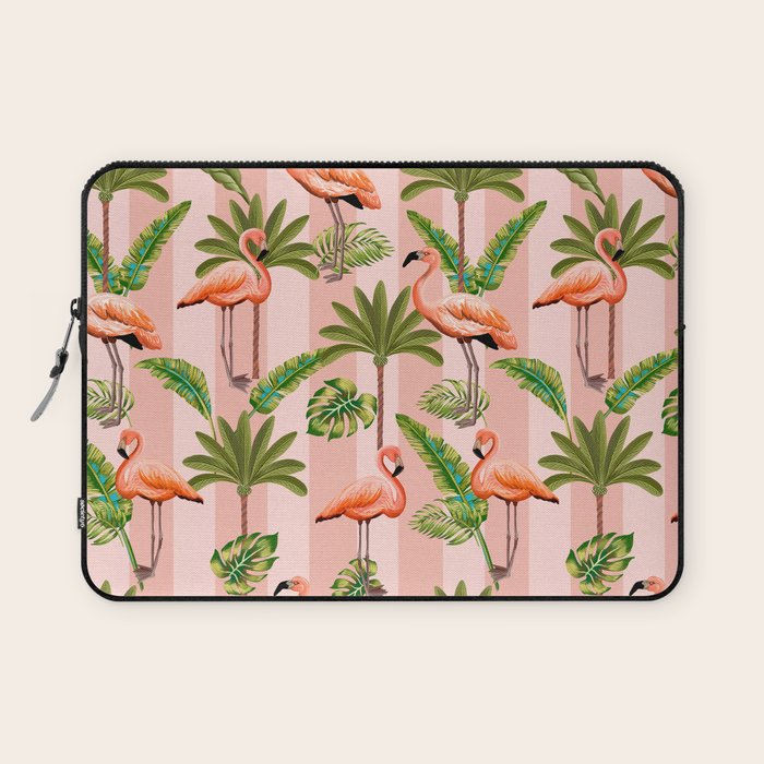 Pink Flamingos on blush pink stripes tropical midcentury Laptop Sleeve Gallery Image 1
