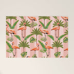 Pink Flamingos on blush pink stripes tropical midcentury Welcome Mat Gallery Image 1