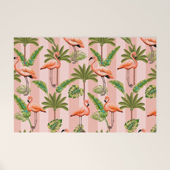 Pink Flamingos on blush pink stripes tropical midcentury Welcome Mat Gallery Image 1