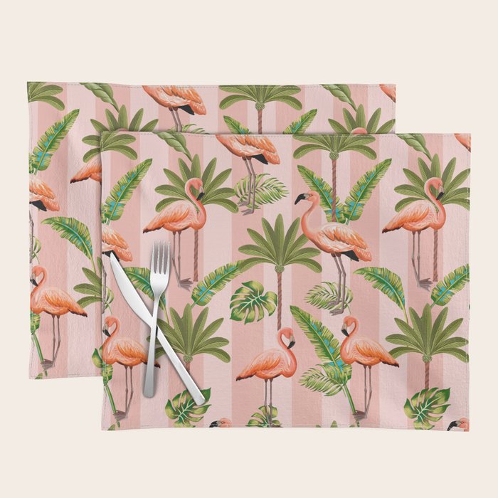 Pink Flamingos on blush pink stripes tropical midcentury Placemat Gallery Image 1