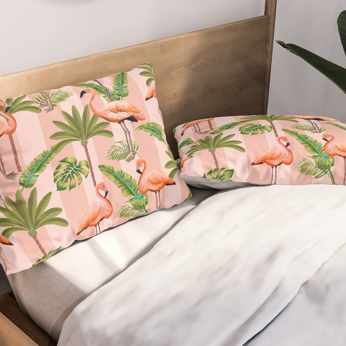 Pink Flamingos on blush pink stripes tropical midcentury Pillow Sham Gallery Image 2
