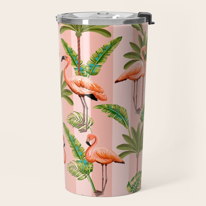 Pink Flamingos on blush pink stripes tropical midcentury Travel Mug Gallery Image 2