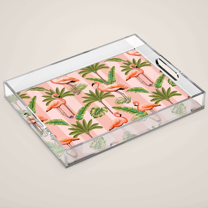Pink Flamingos on blush pink stripes tropical midcentury Acrylic Tray Gallery Image 1