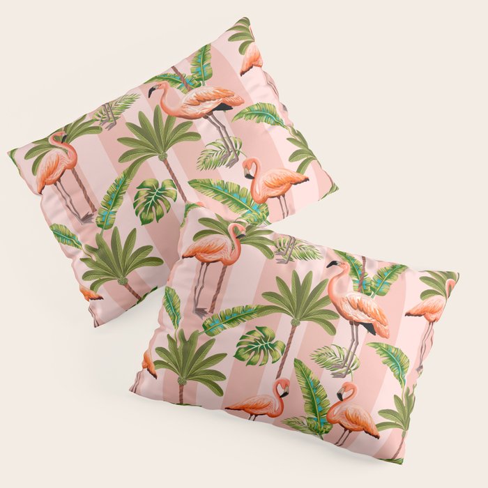 Pink Flamingos on blush pink stripes tropical midcentury Pillow Sham Gallery Image 3