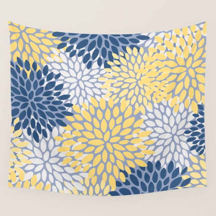 Modern Flowers Print, Yellow, White and Blue Wall Tapestry Gallery Image 4