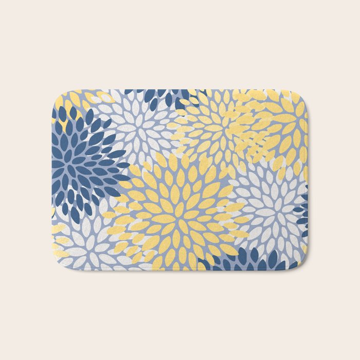 Modern Flowers Print, Yellow, White and Blue Bath Mat Gallery Image 1