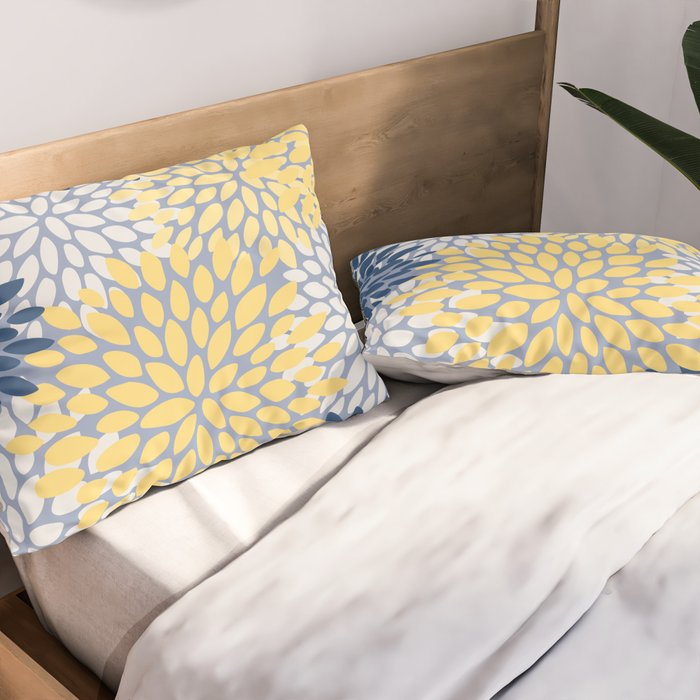Modern Flowers Print, Yellow, White and Blue Pillow Sham Gallery Image 2