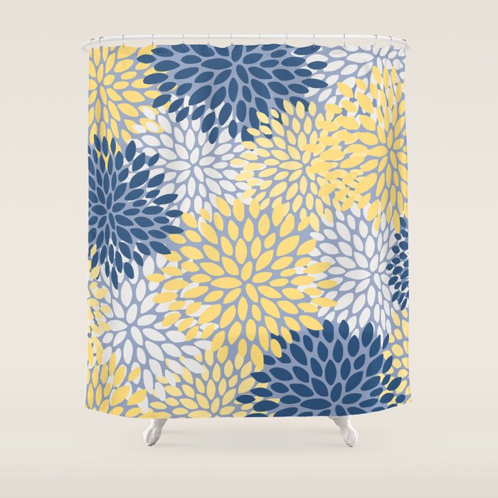 Modern Flowers Print, Yellow, White and Blue Shower Curtain Gallery Image 1