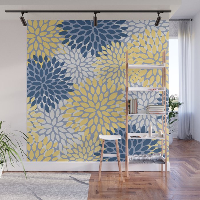 Modern Flowers Print, Yellow, White and Blue Wall Mural Gallery Image 1
