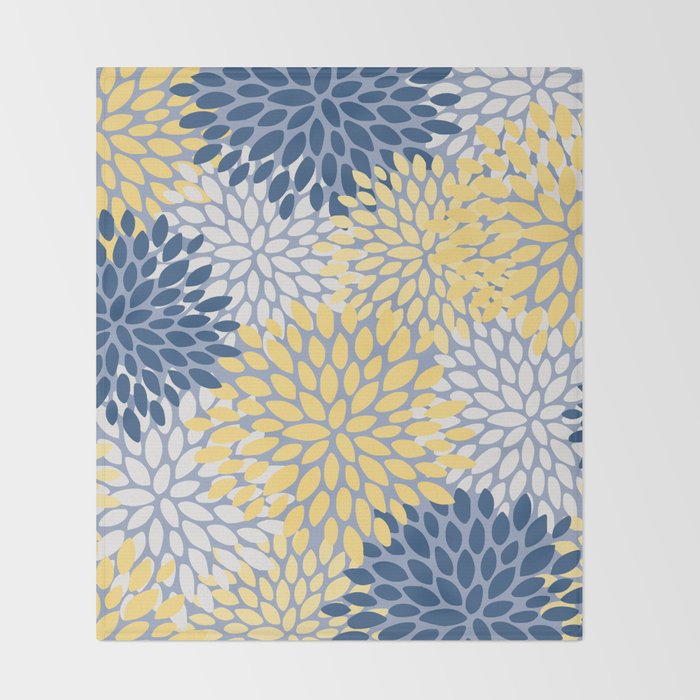 Modern Flowers Print, Yellow, White and Blue Throw Blanket Gallery Image 2