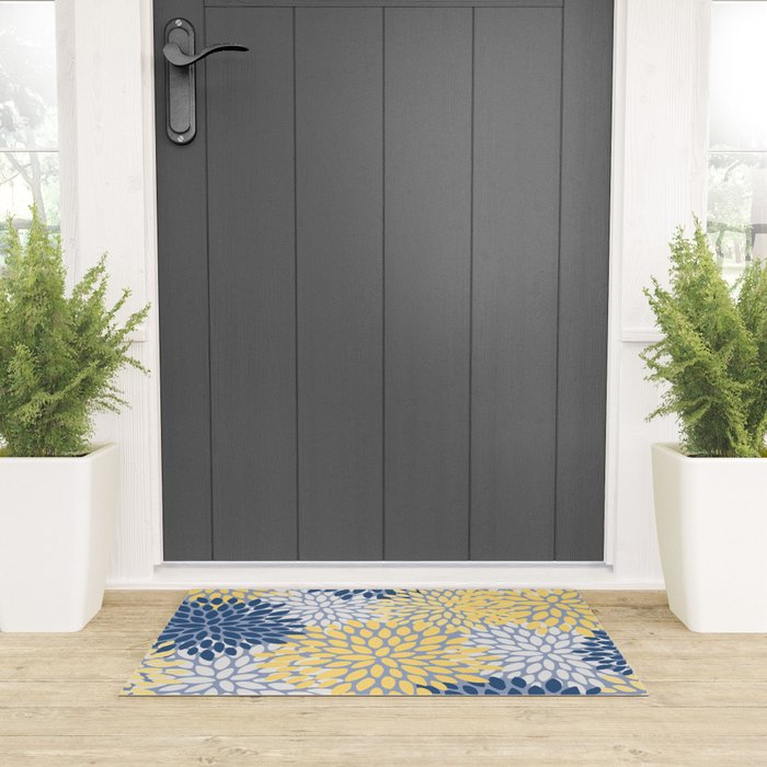 Modern Flowers Print, Yellow, White and Blue Welcome Mat Gallery Image 3