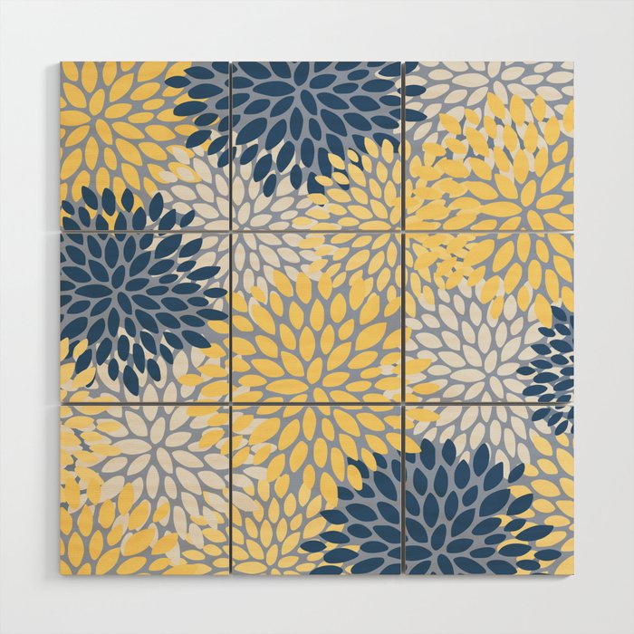 Modern Flowers Print, Yellow, White and Blue Wood Wall Art Gallery Image 1